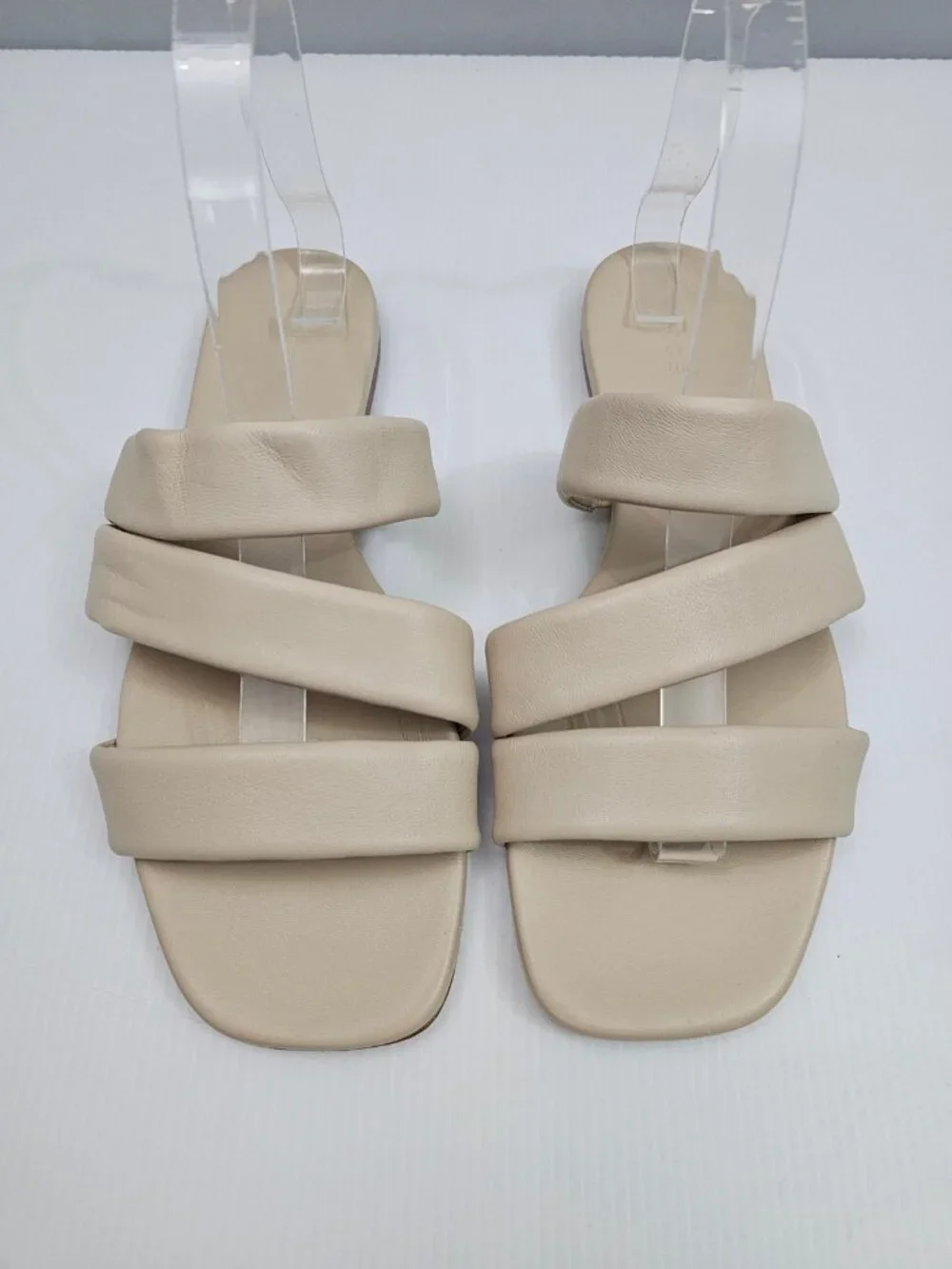 Vince Dallas Flat Slide Sandal Womens 9.5 Beige Leather Triple Strap Square Toe